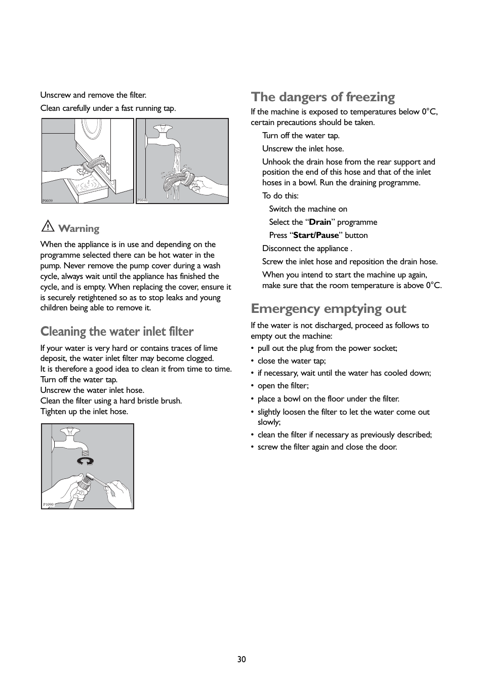 Cleaning the water inlet filter, The dangers of freezing, Emergency emptying out | Warning | John Lewis JLBIWD 1400 User Manual | Page 30 / 34