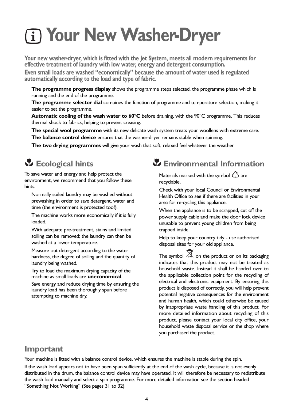 Your new washer-dryer, Ecological hints, Environmental information | Important | John Lewis JLBIWD 1400 User Manual | Page 4 / 34