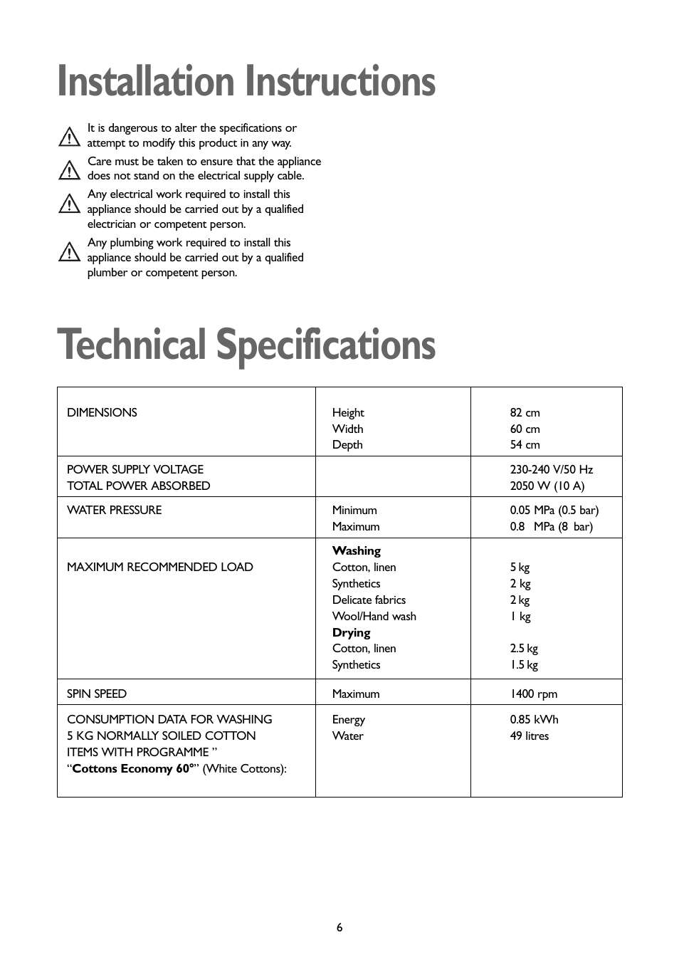 Installation instructions technical specifications | John Lewis JLBIWD 1400 User Manual | Page 6 / 34