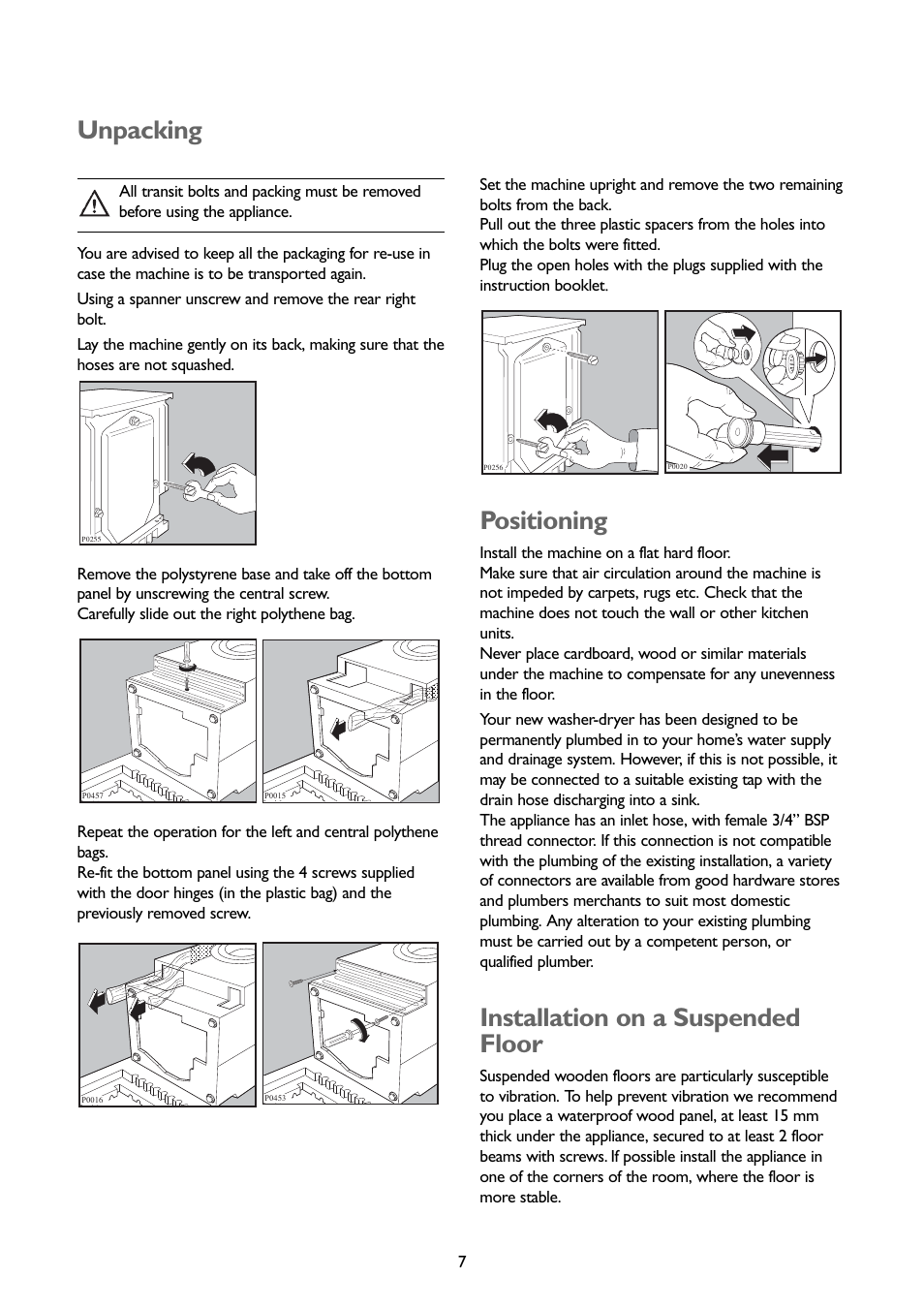 Unpacking, Positioning, Installation on a suspended floor | John Lewis JLBIWD 1400 User Manual | Page 7 / 34