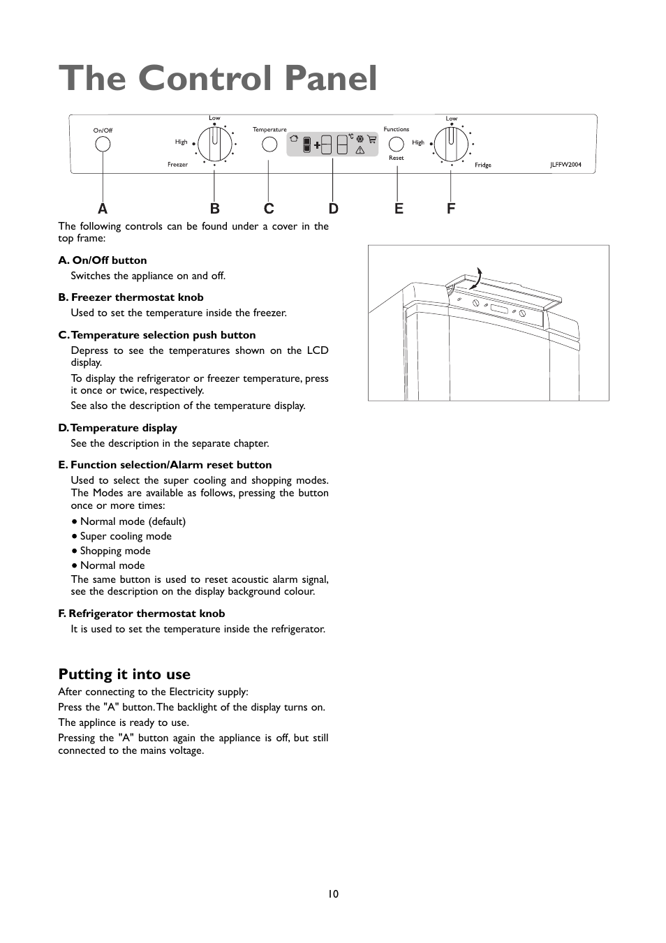 The control panel, Putting it into use | John Lewis JLFFW2004 User Manual | Page 10 / 20