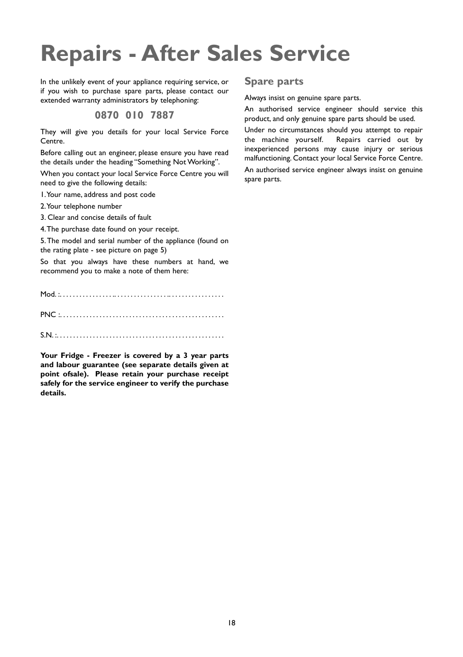 Repairs - after sales service | John Lewis JLFFW2004 User Manual | Page 18 / 20