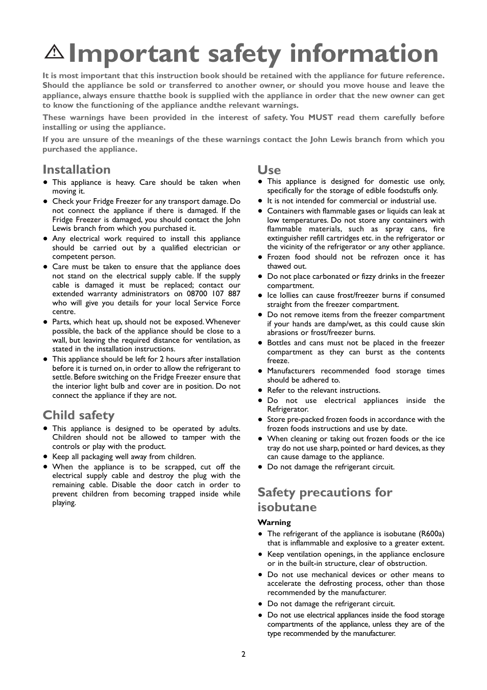Important safety information, Installation, Safety precautions for isobutane | Child safety | John Lewis JLFFW2004 User Manual | Page 2 / 20