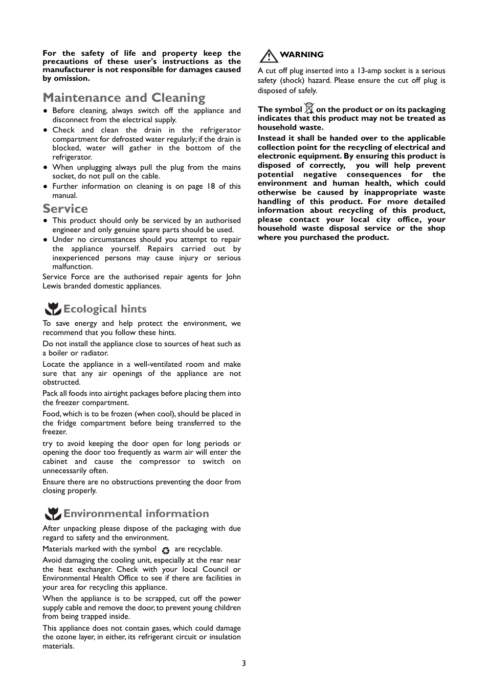 Maintenance and cleaning, Service, Environmental information | Ecological hints | John Lewis JLFFW2004 User Manual | Page 3 / 20