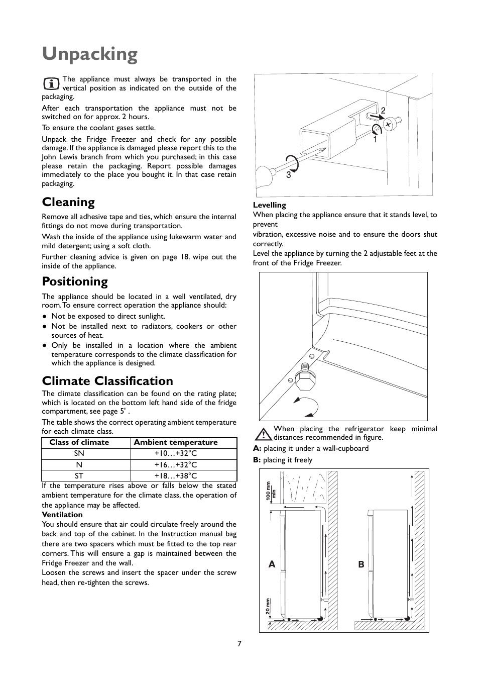 Unpacking, Cleaning, Positioning | Climate classification | John Lewis JLFFW2004 User Manual | Page 7 / 20
