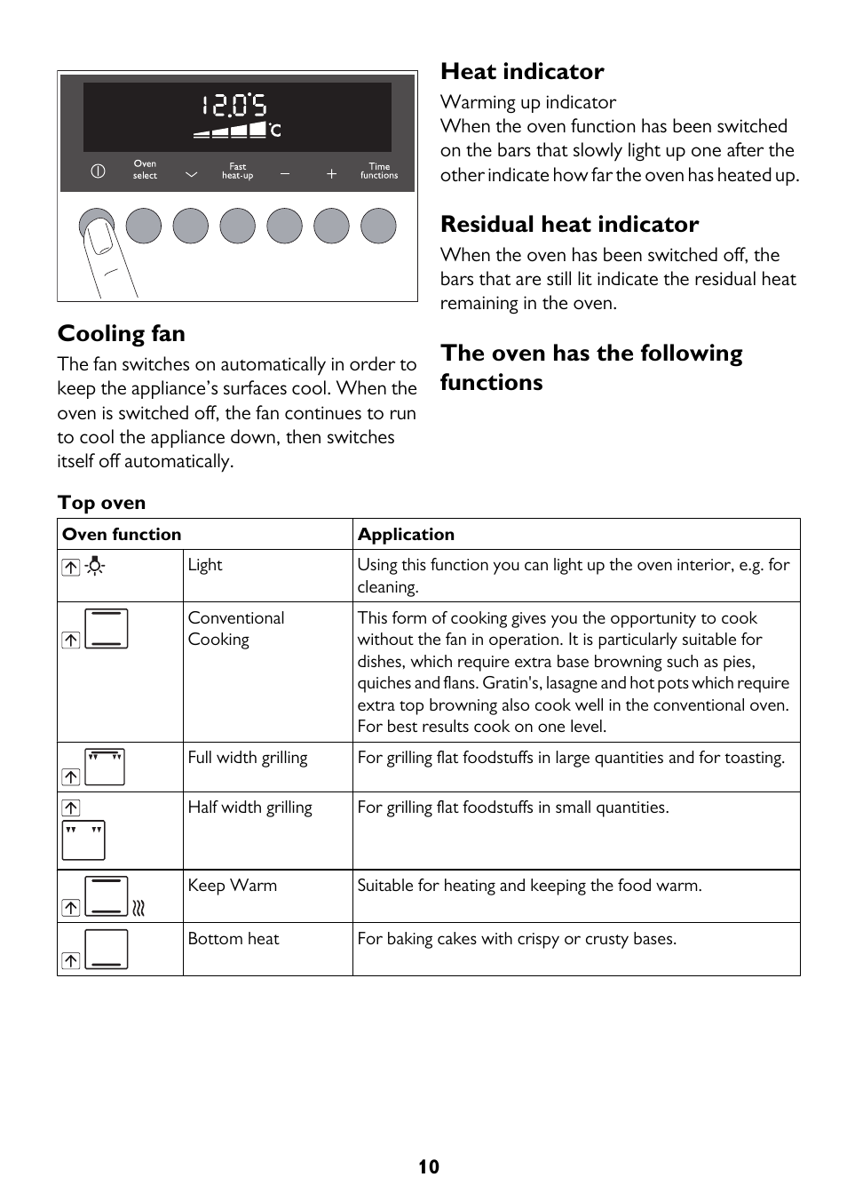 Cooling fan, Heat indicator, Residual heat indicator | The oven has the following functions | John Lewis JLBIDO913 User Manual | Page 10 / 44