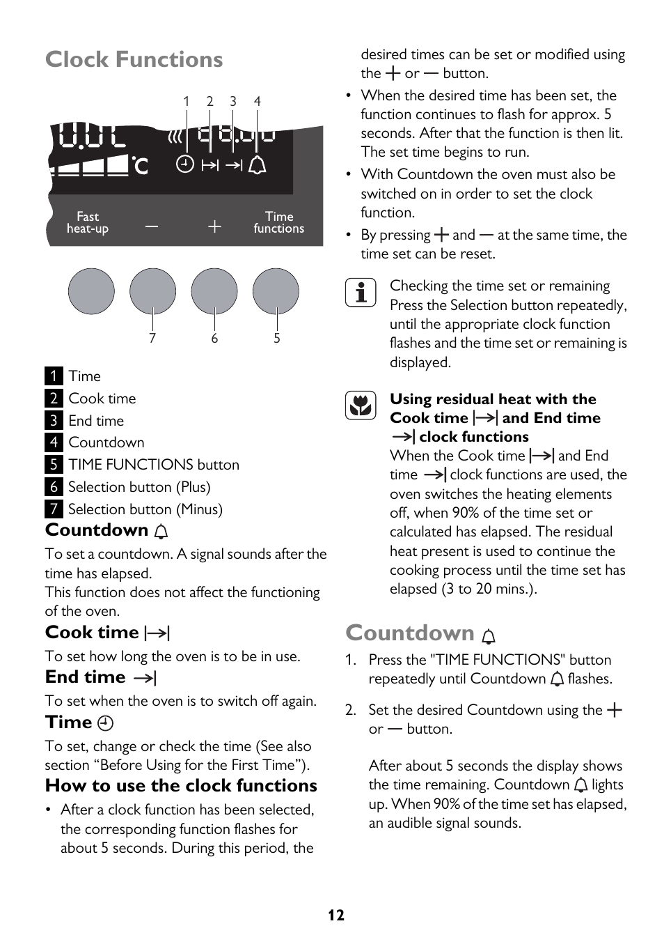 Clock functions, Countdown, Cook time | End time, Time, How to use the clock functions | John Lewis JLBIDO913 User Manual | Page 12 / 44
