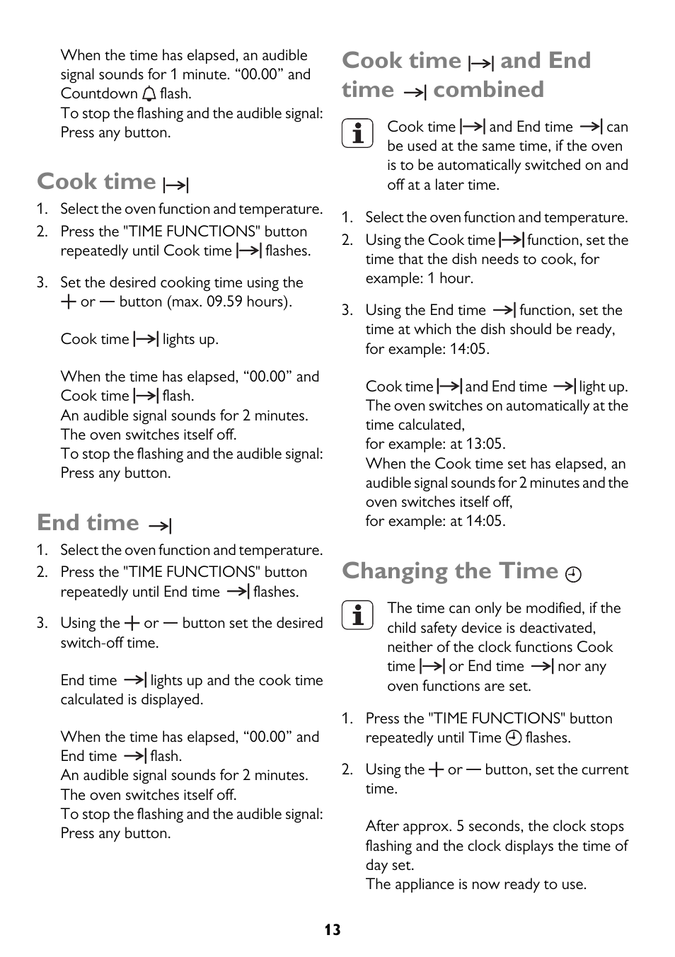 Cook time, End time, Cook time and end time combined | Changing the time | John Lewis JLBIDO913 User Manual | Page 13 / 44