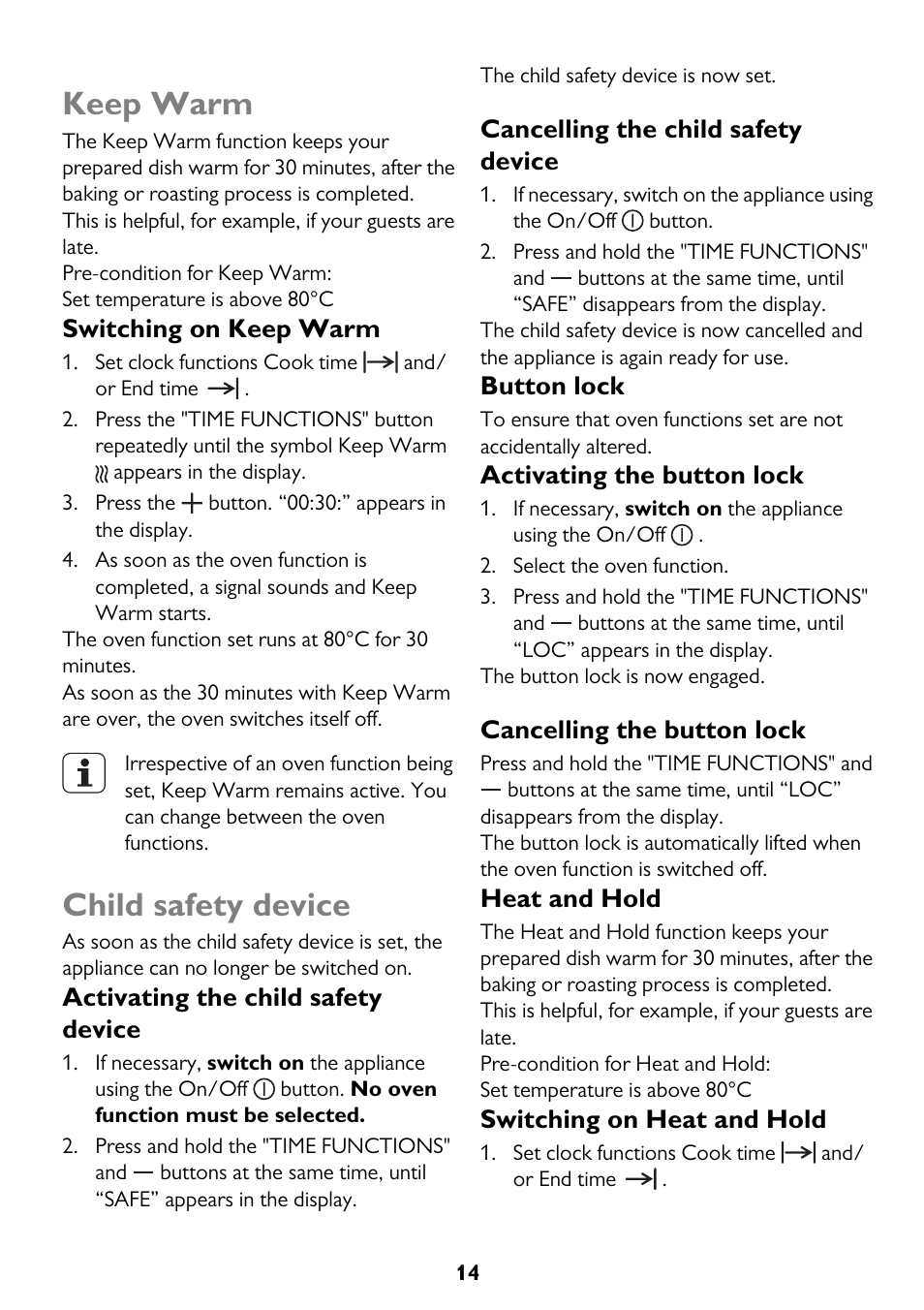 Keep warm, Child safety device, Switching on keep warm | Activating the child safety device, Cancelling the child safety device, Button lock, Activating the button lock, Cancelling the button lock, Heat and hold, Switching on heat and hold | John Lewis JLBIDO913 User Manual | Page 14 / 44