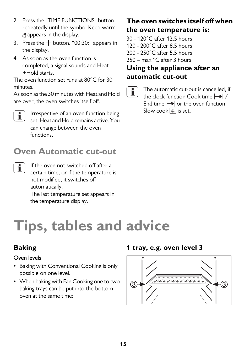 Tips, tables and advice, Oven automatic cut-out | John Lewis JLBIDO913 User Manual | Page 15 / 44