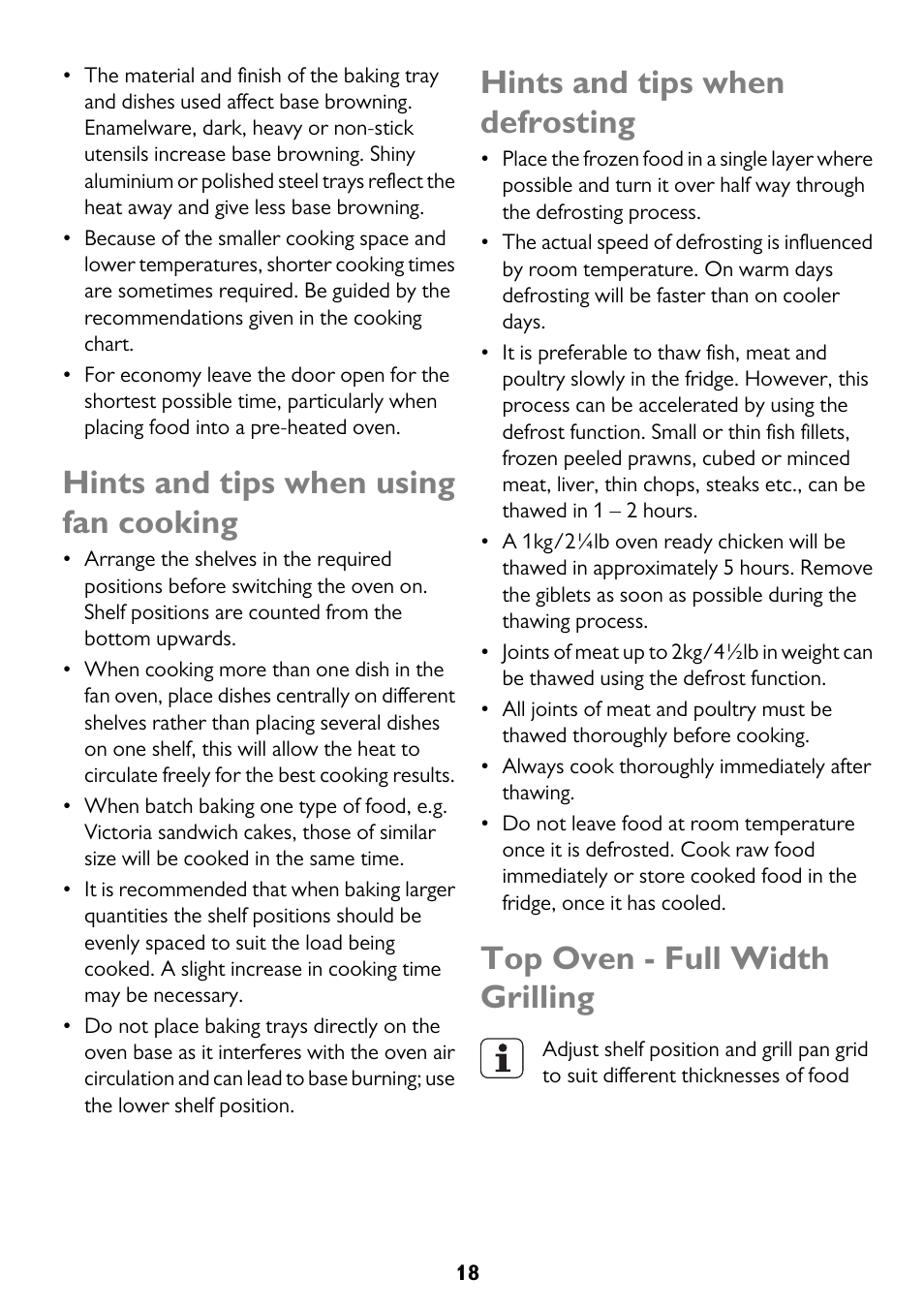 Hints and tips when using fan cooking, Hints and tips when defrosting, Top oven - full width grilling | John Lewis JLBIDO913 User Manual | Page 18 / 44