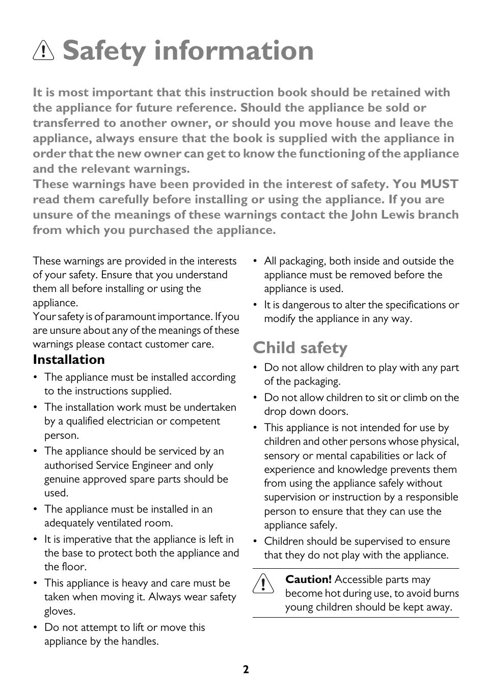 Safety information, Child safety | John Lewis JLBIDO913 User Manual | Page 2 / 44