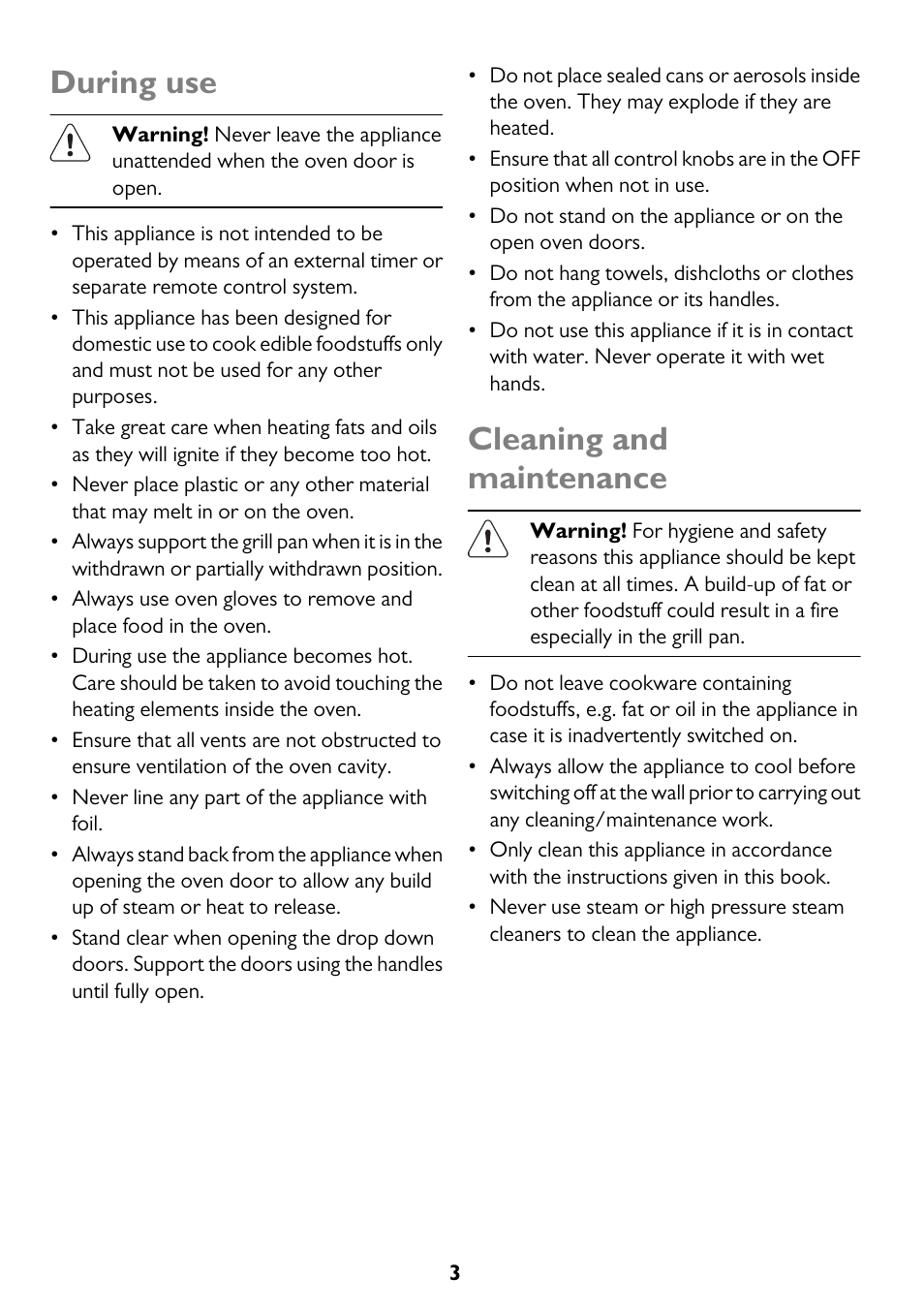 During use, Cleaning and maintenance | John Lewis JLBIDO913 User Manual | Page 3 / 44