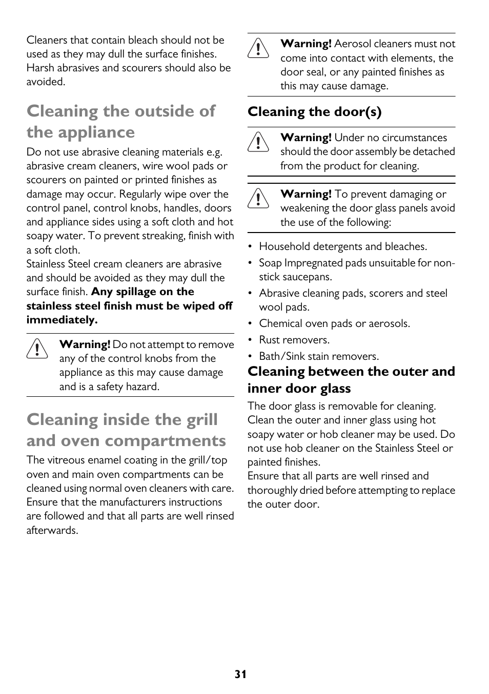 Cleaning the outside of the appliance, Cleaning inside the grill and oven compartments | John Lewis JLBIDO913 User Manual | Page 31 / 44