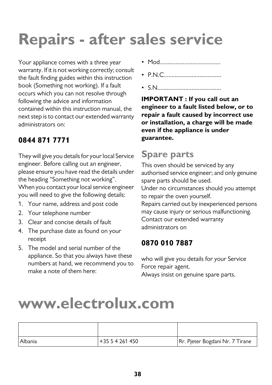 Repairs - after sales service, Spare parts | John Lewis JLBIDO913 User Manual | Page 38 / 44
