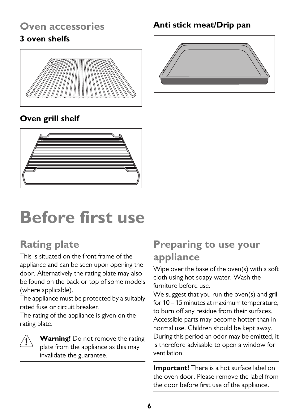 Before first use, Oven accessories, Rating plate | Preparing to use your appliance | John Lewis JLBIDO913 User Manual | Page 6 / 44