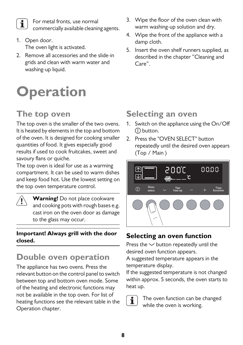 Operation, The top oven, Double oven operation | Selecting an oven | John Lewis JLBIDO913 User Manual | Page 8 / 44