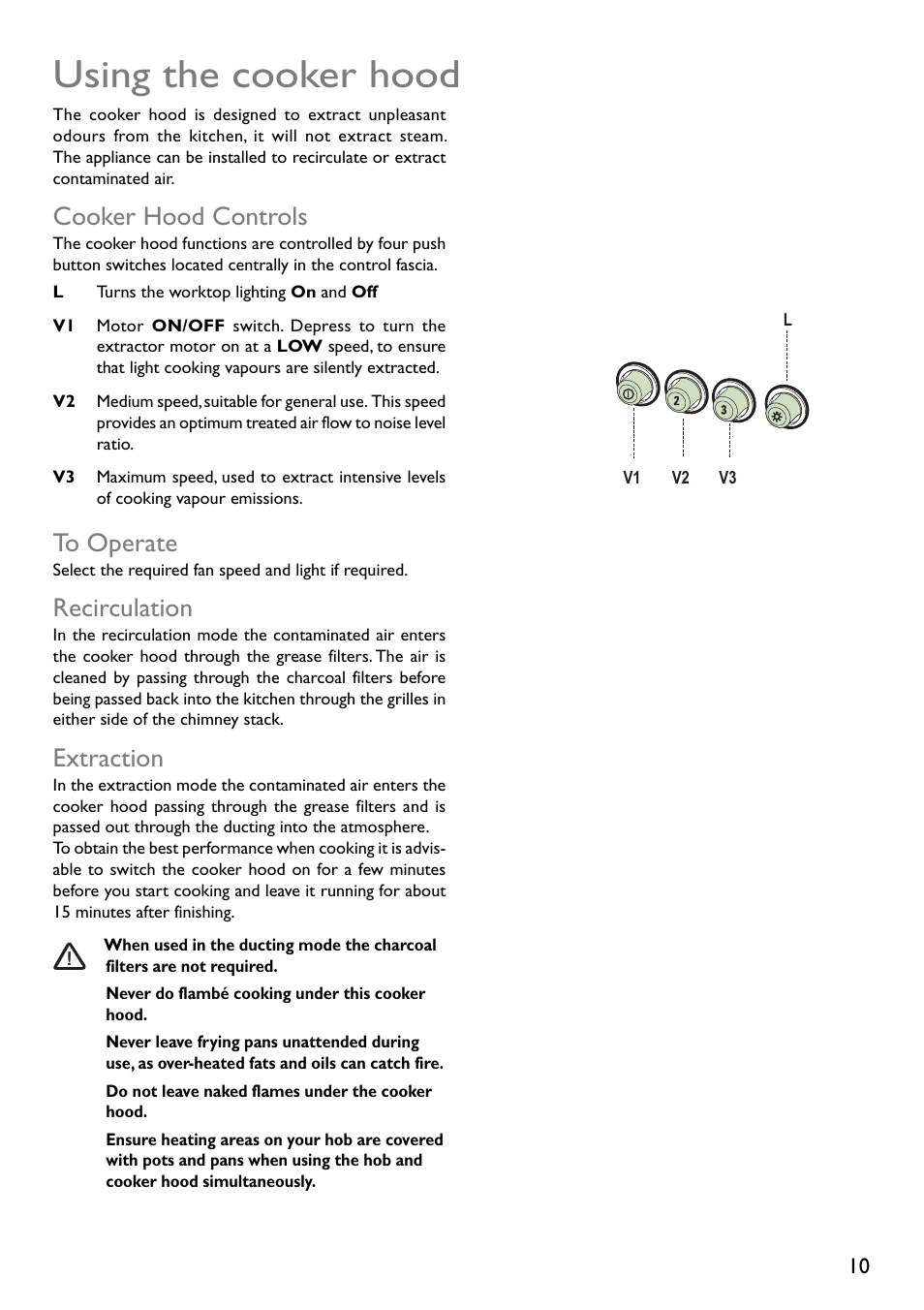 Using the cooker hood, Cooker hood controls, Recirculation | Extraction | John Lewis JLBIHD105 User Manual | Page 10 / 16