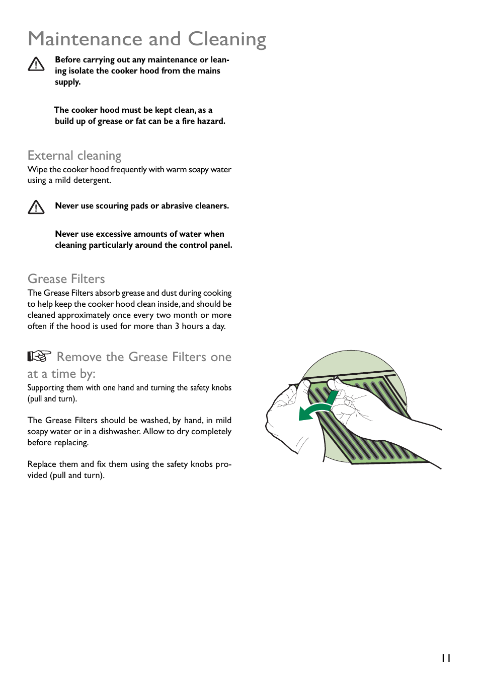 Maintenance and cleaning, External cleaning, Grease filters | Remove the grease filters one at a time by | John Lewis JLBIHD105 User Manual | Page 11 / 16