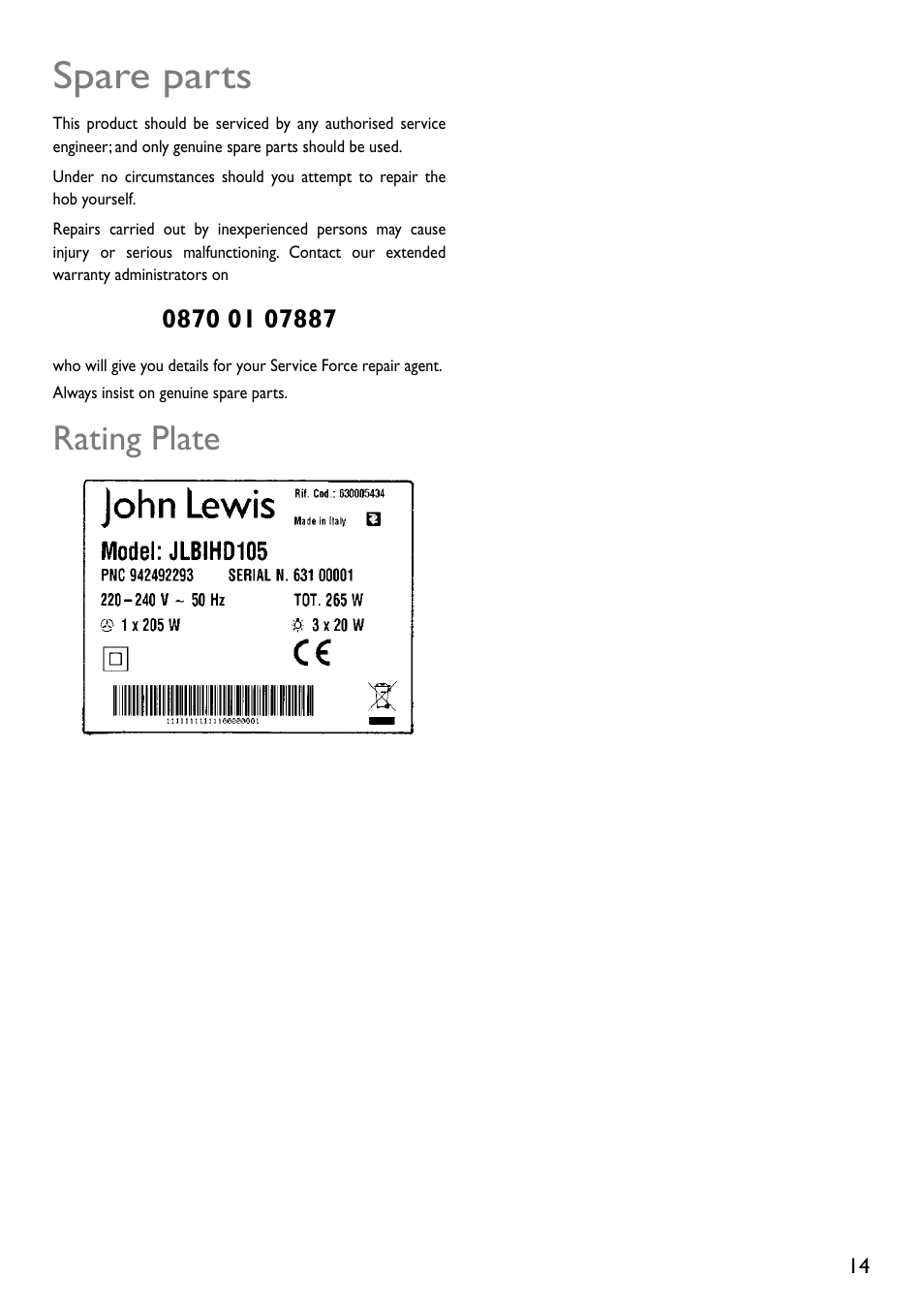 Spare parts, Rating plate | John Lewis JLBIHD105 User Manual | Page 14 / 16