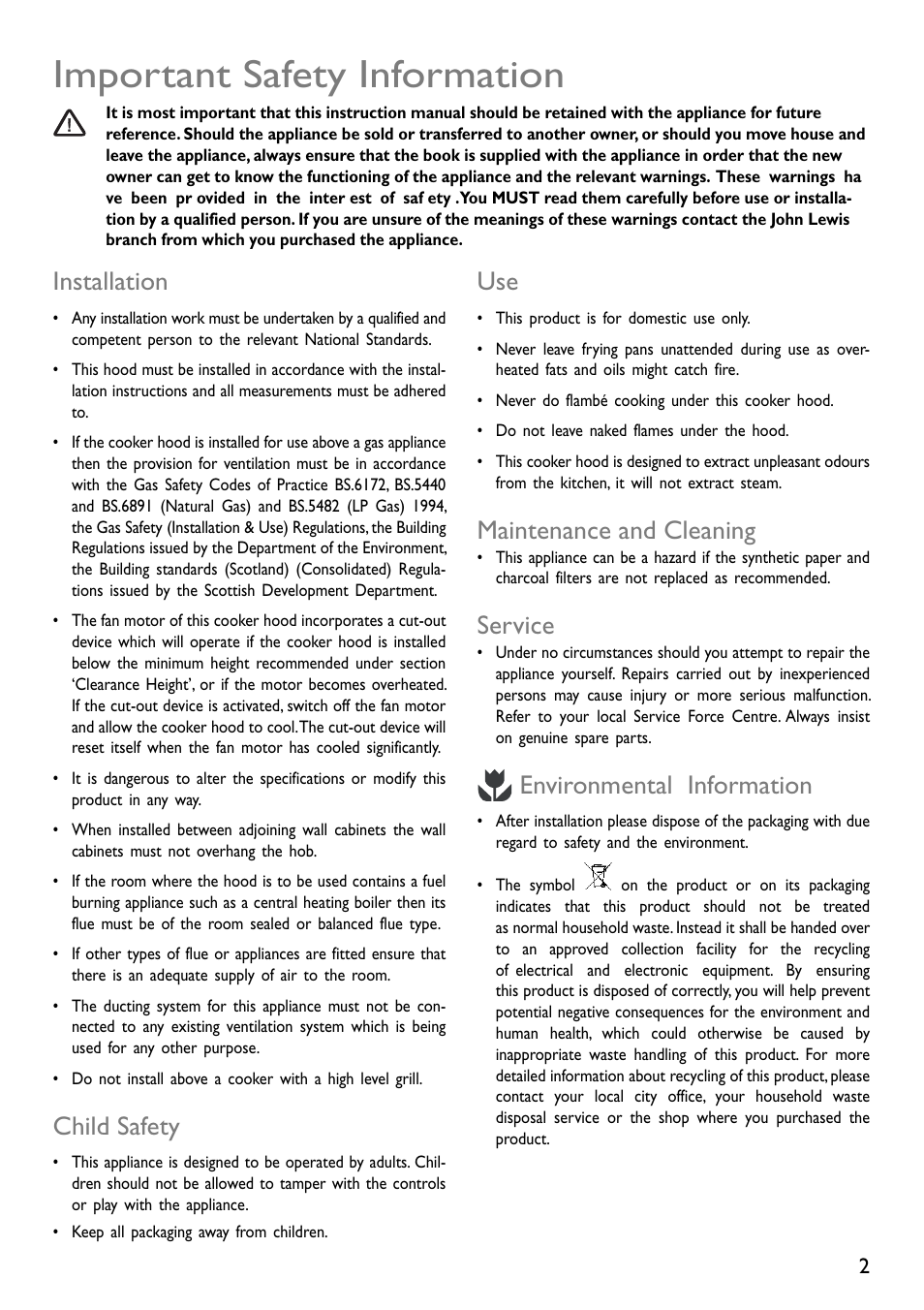 Important safety information, Installation, Child safety | Maintenance and cleaning, Service, Environmental information | John Lewis JLBIHD105 User Manual | Page 2 / 16