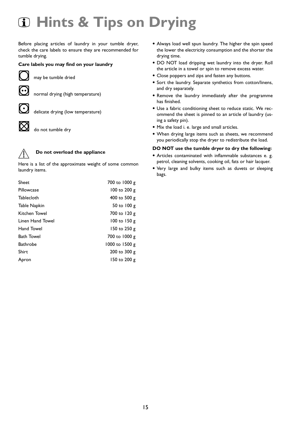 Hints & tips on drying | John Lewis JLTDC01 User Manual | Page 15 / 24
