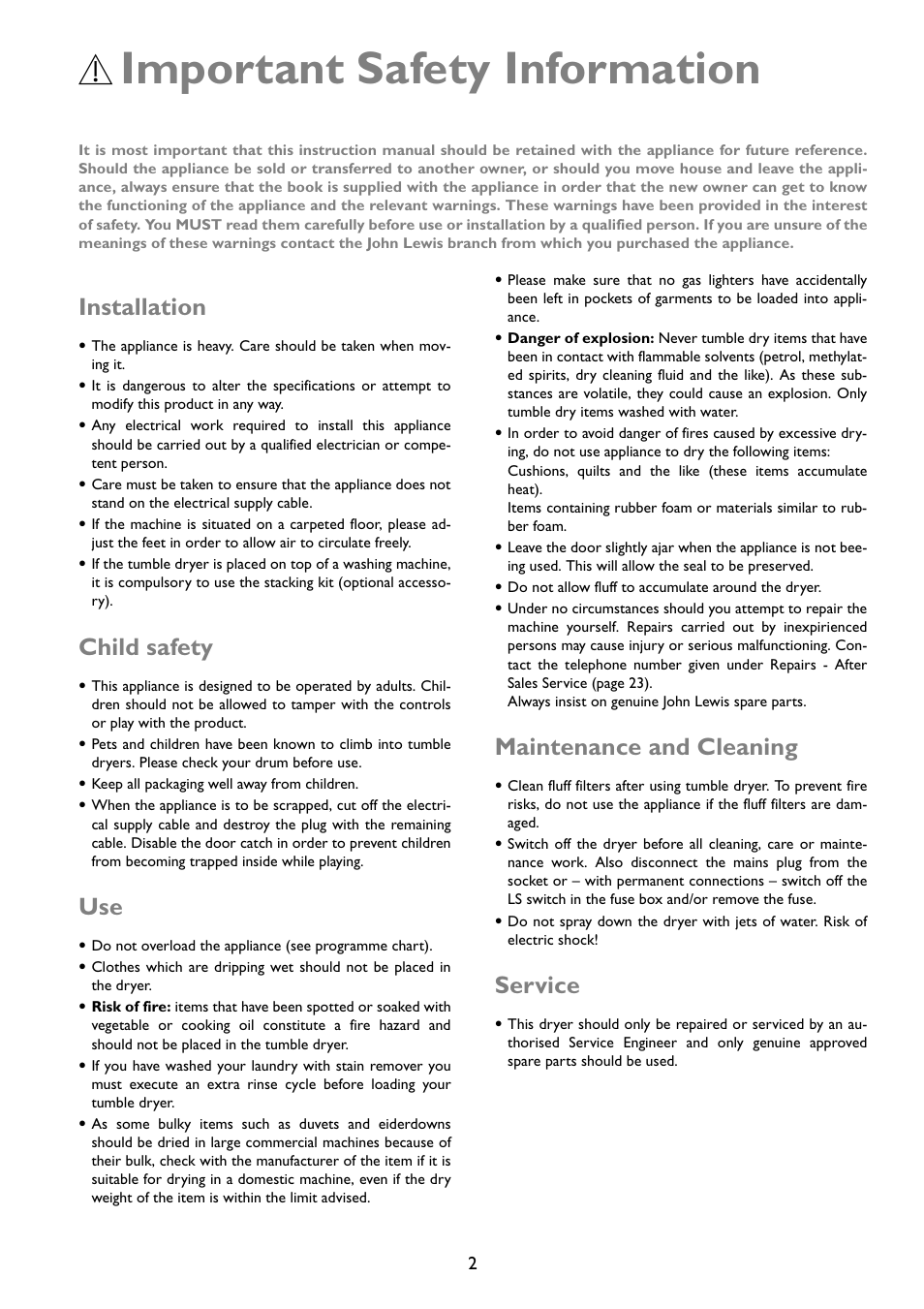 Important safety information, Installation, Child safety | Maintenance and cleaning, Service | John Lewis JLTDC01 User Manual | Page 2 / 24