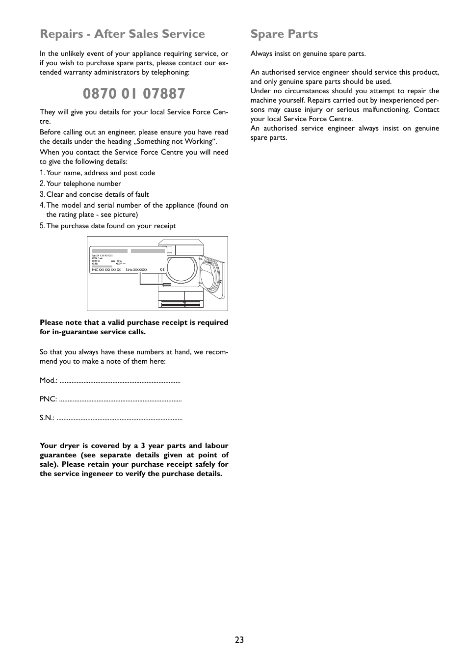 Repairs - after sales service, Spare parts | John Lewis JLTDC01 User Manual | Page 23 / 24
