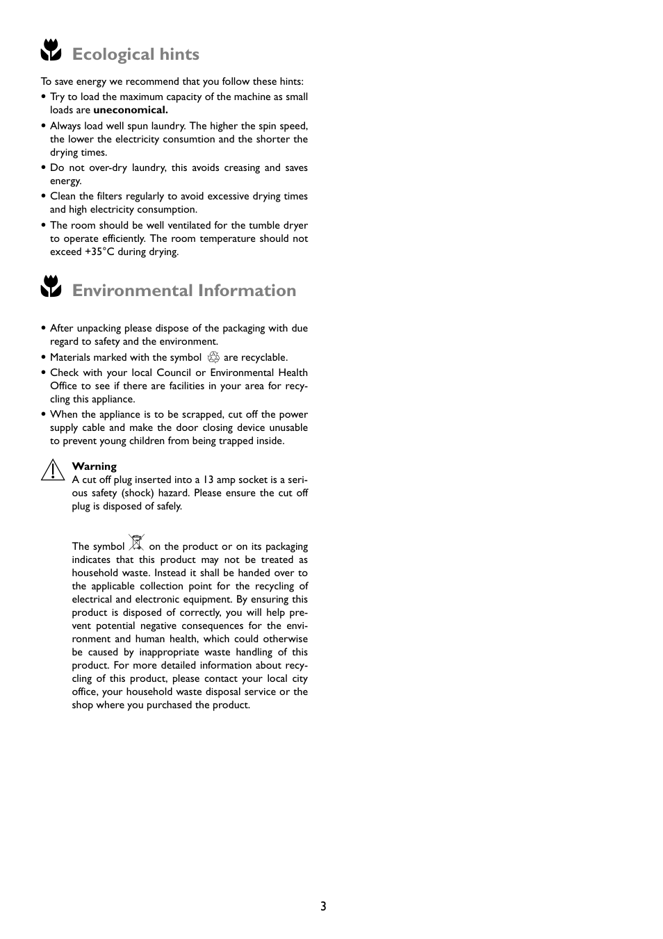 Ecological hints, Environmental information | John Lewis JLTDC01 User Manual | Page 3 / 24