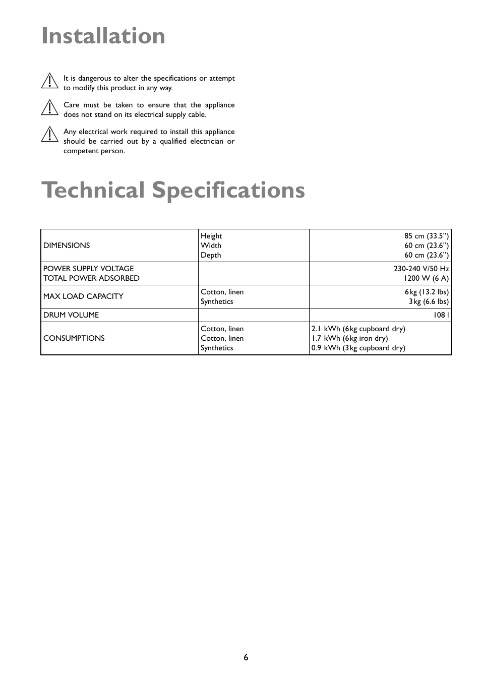 Installation, Technical specifications | John Lewis JLTDC01 User Manual | Page 6 / 24