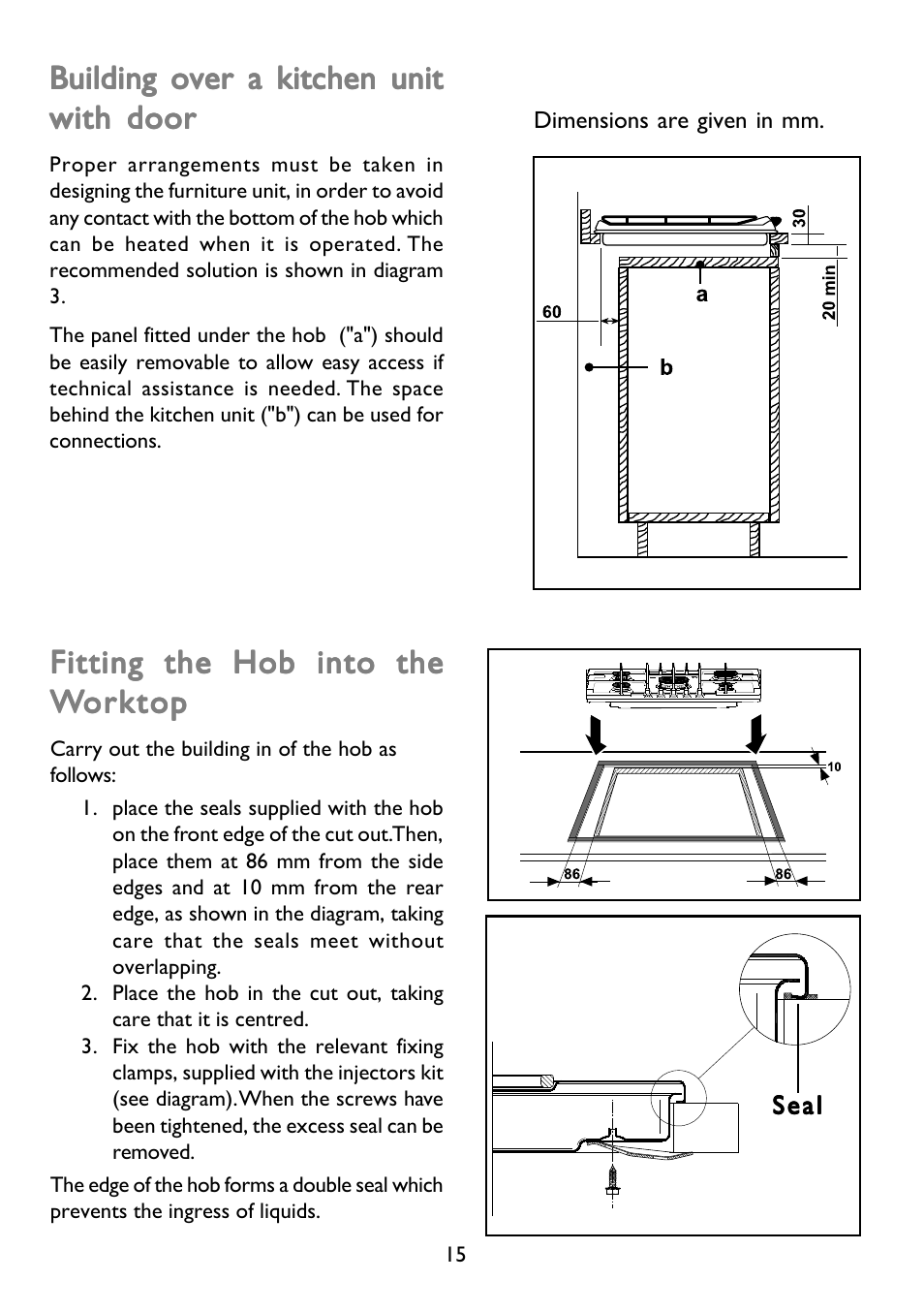 Building over a kitchen unit, Fitting the hob into the | John Lewis JLBIGH753 User Manual | Page 15 / 24