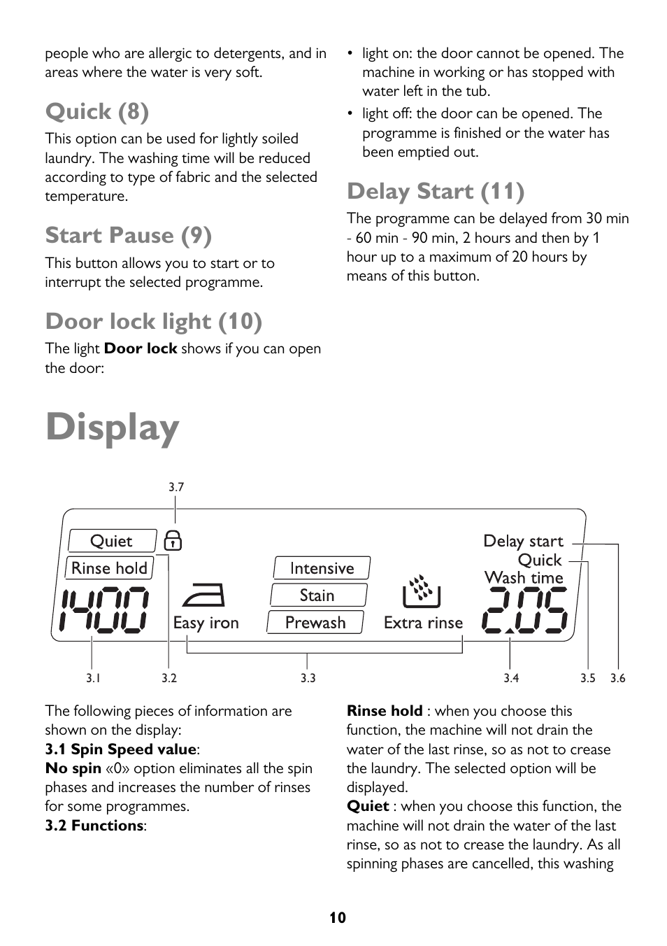 Display, Quick (8), Start pause (9) | Door lock light (10), Delay start (11) | John Lewis JLWM 1604 User Manual | Page 10 / 44