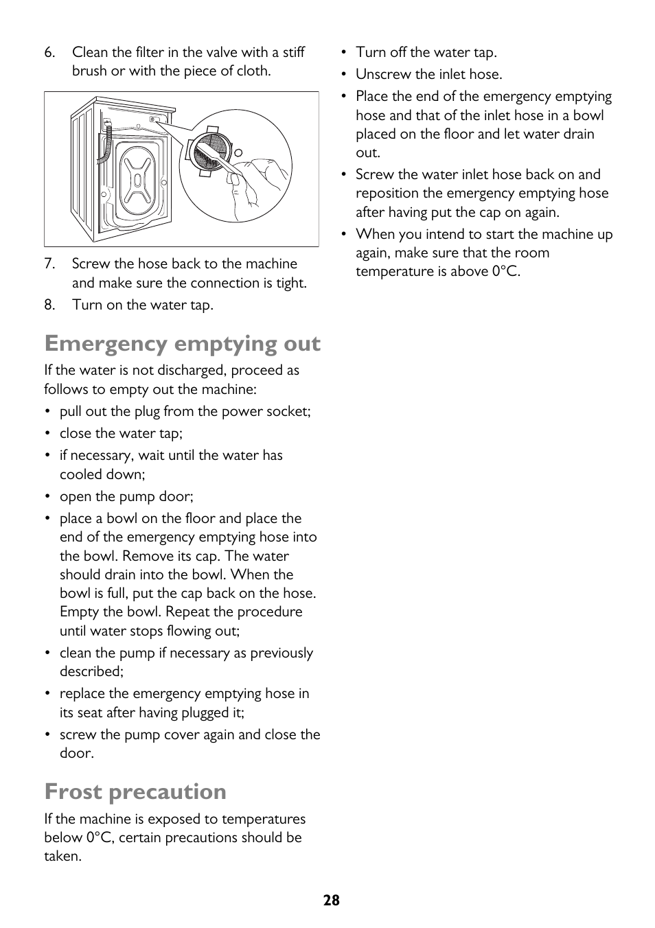 Emergency emptying out, Frost precaution | John Lewis JLWM 1604 User Manual | Page 28 / 44