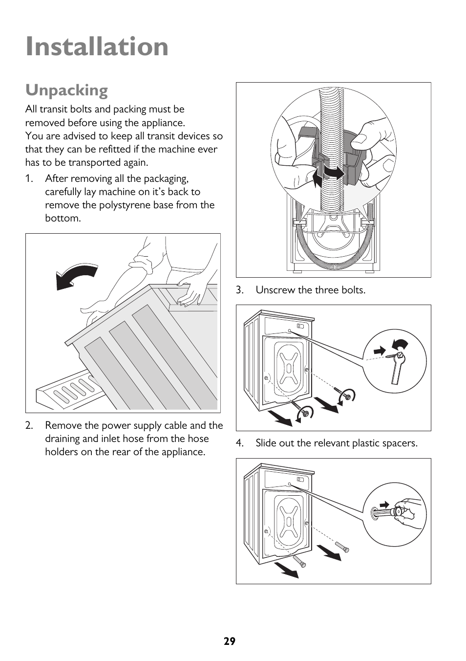 Installation, Unpacking | John Lewis JLWM 1604 User Manual | Page 29 / 44