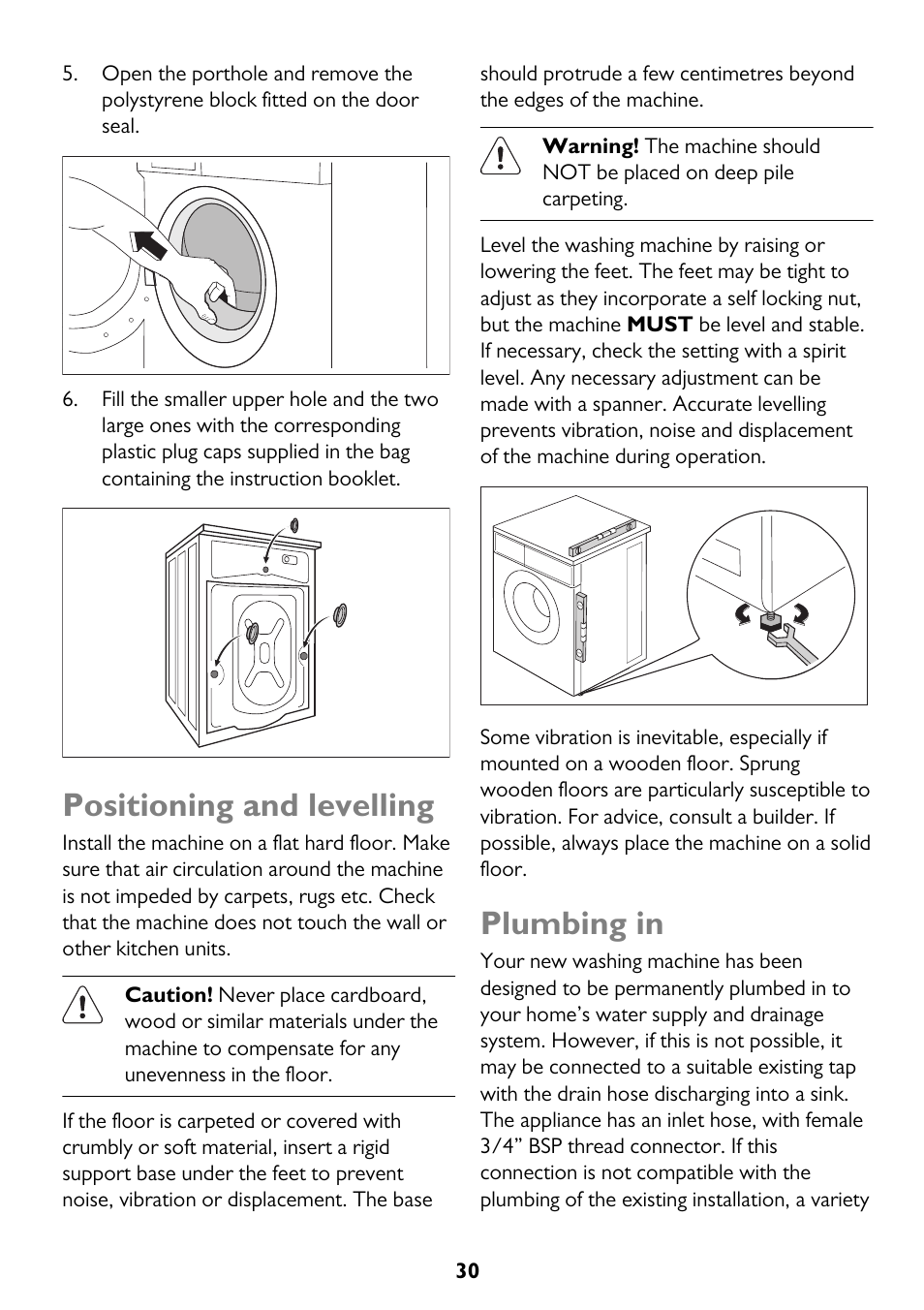 Positioning and levelling, Plumbing in | John Lewis JLWM 1604 User Manual | Page 30 / 44