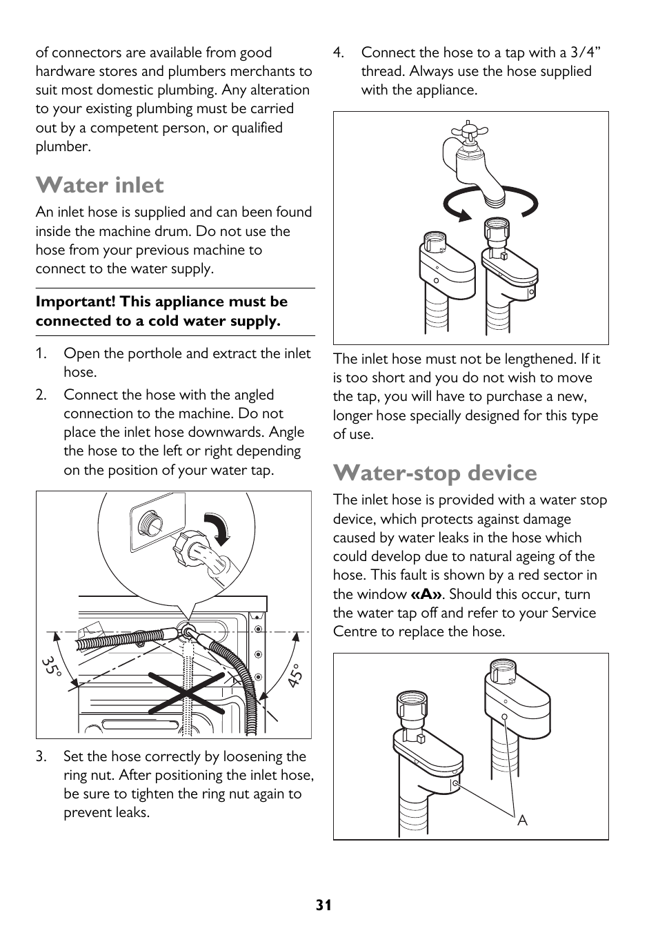 Water inlet, Water-stop device | John Lewis JLWM 1604 User Manual | Page 31 / 44