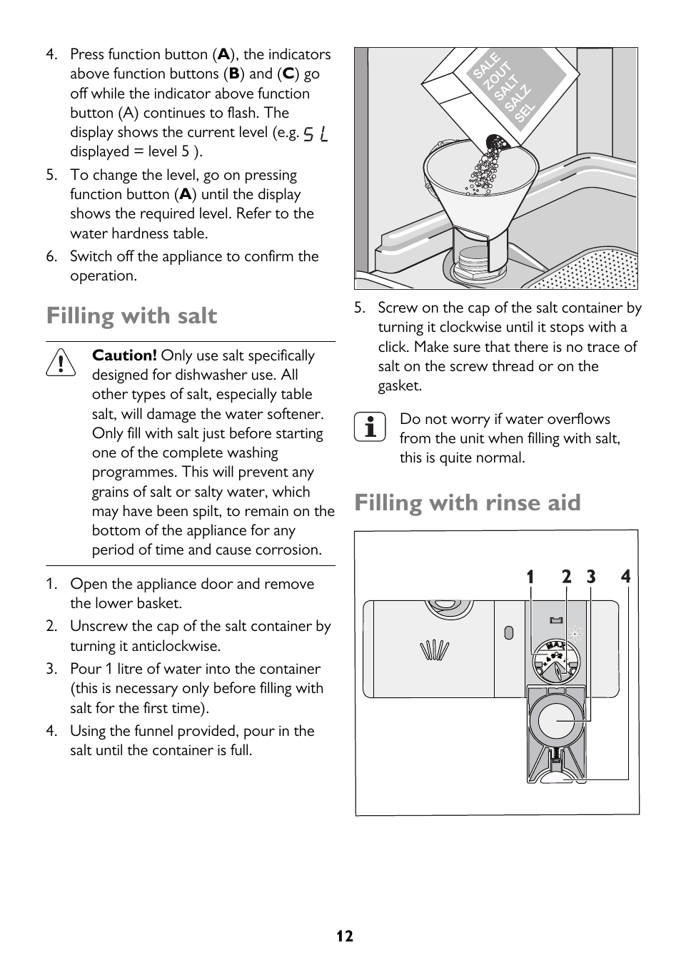 Filling with salt, Filling with rinse aid | John Lewis JLDW 1221 User Manual | Page 12 / 36