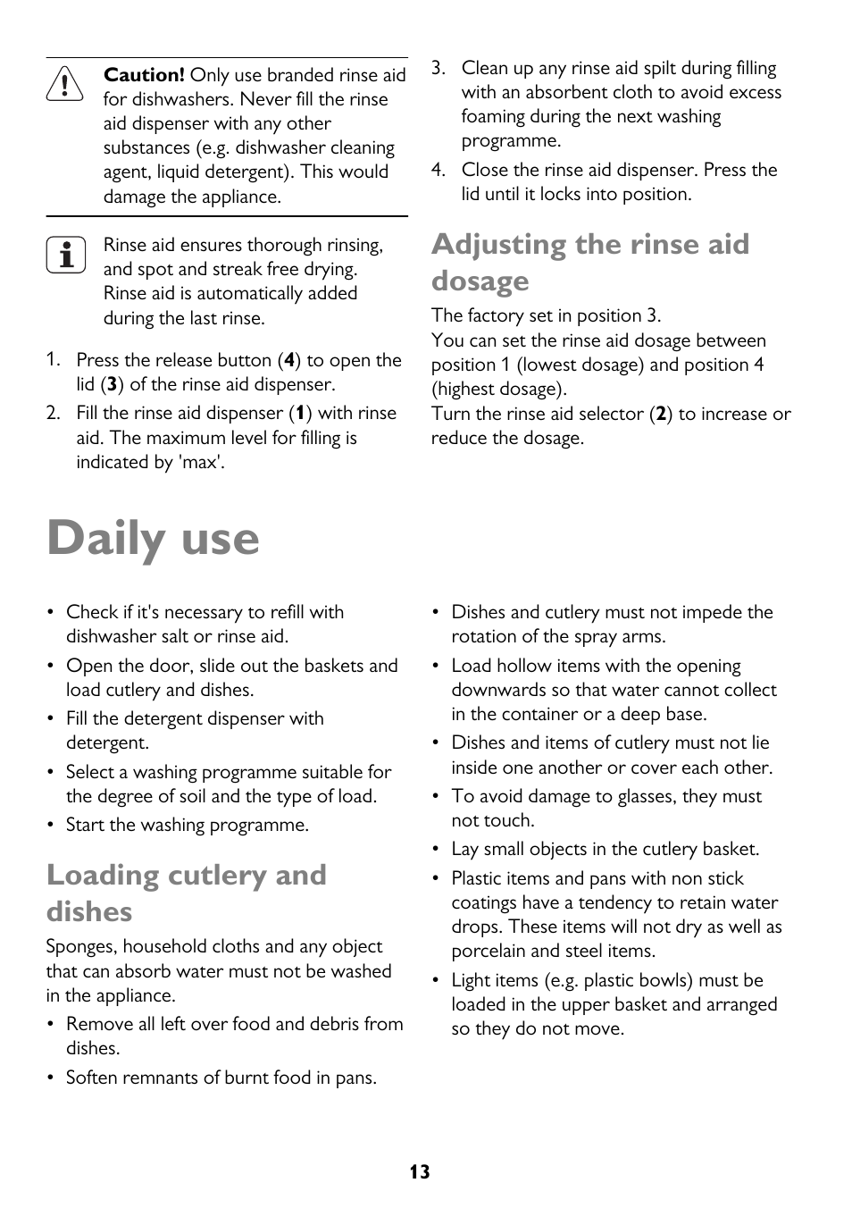 Daily use, Adjusting the rinse aid dosage, Loading cutlery and dishes | John Lewis JLDW 1221 User Manual | Page 13 / 36