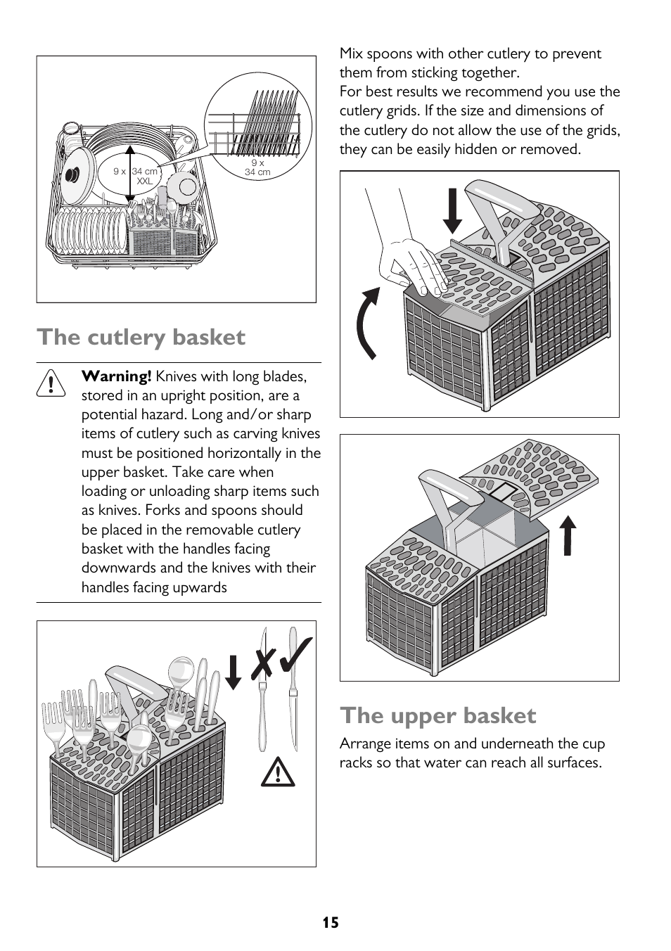 The cutlery basket, The upper basket | John Lewis JLDW 1221 User Manual | Page 15 / 36