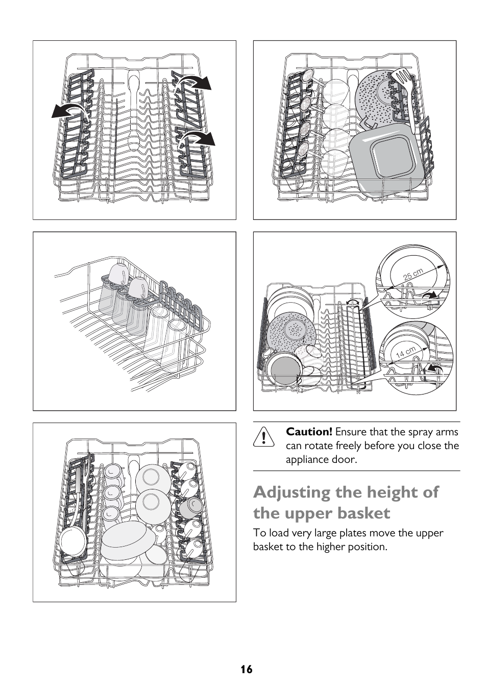 Adjusting the height of the upper basket | John Lewis JLDW 1221 User Manual | Page 16 / 36