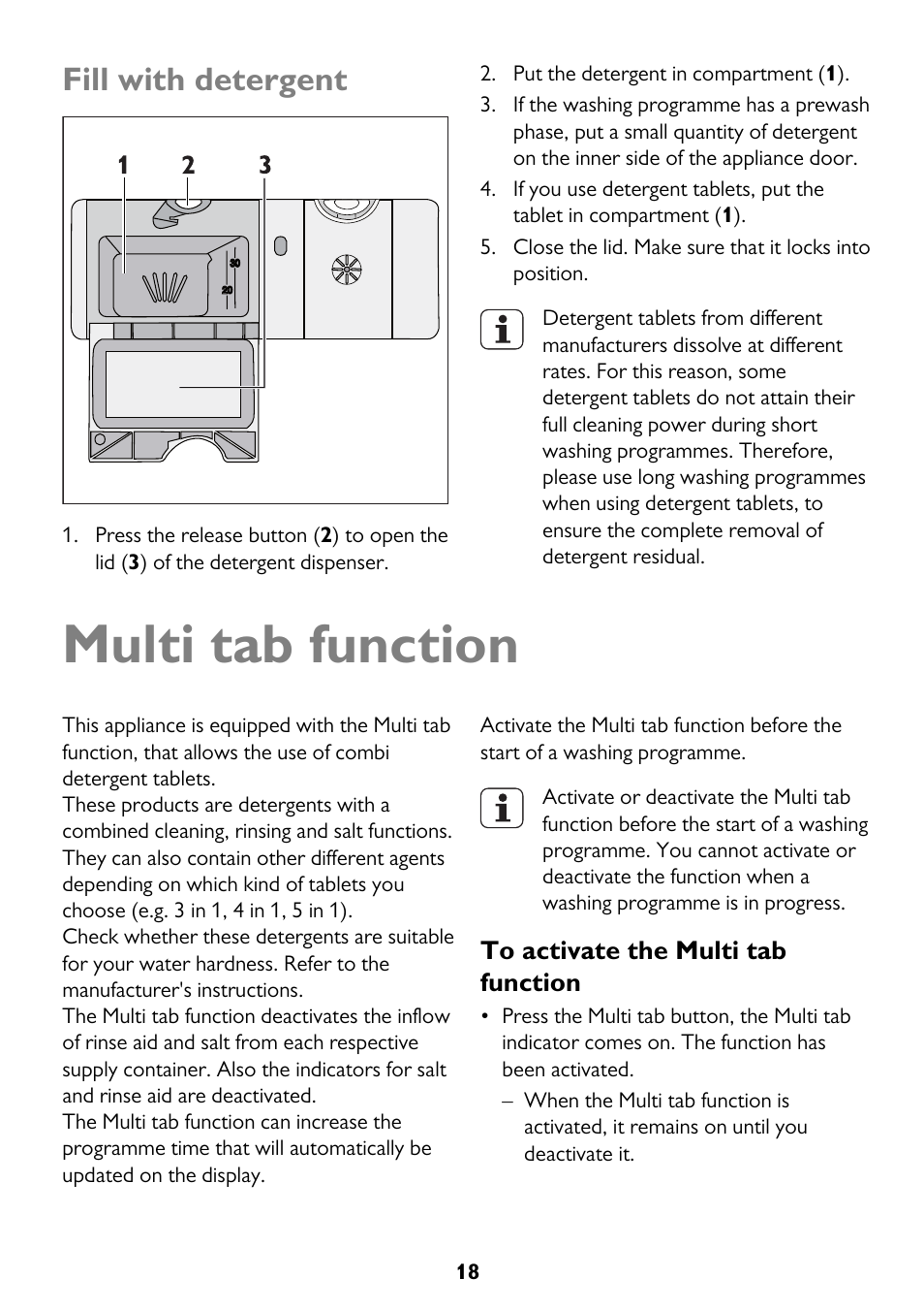 Multi tab function, Fill with detergent | John Lewis JLDW 1221 User Manual | Page 18 / 36