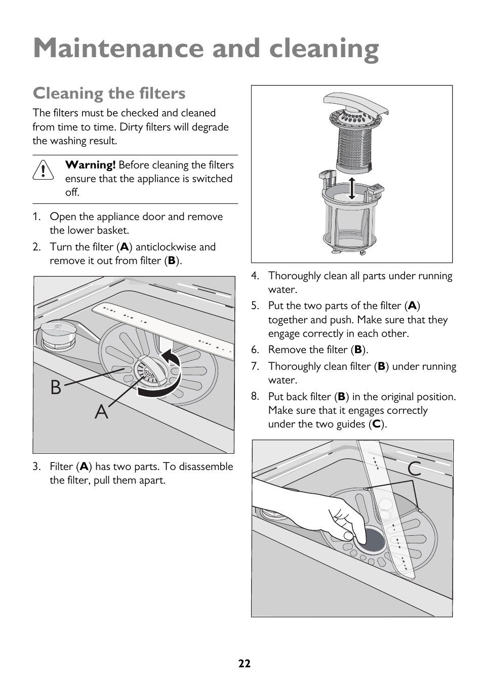 Maintenance and cleaning, Cleaning the filters | John Lewis JLDW 1221 User Manual | Page 22 / 36