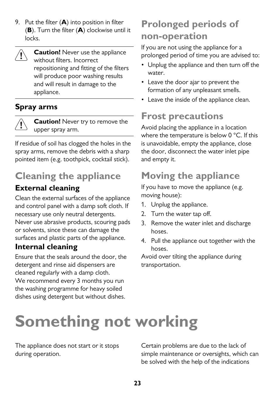 Something not working, Cleaning the appliance, Prolonged periods of non-operation | Frost precautions, Moving the appliance | John Lewis JLDW 1221 User Manual | Page 23 / 36