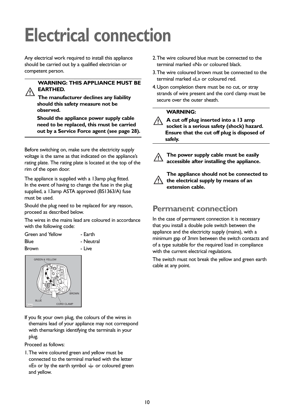 Electrical connection, Permanent connection | John Lewis JLWD 1408 User Manual | Page 10 / 31