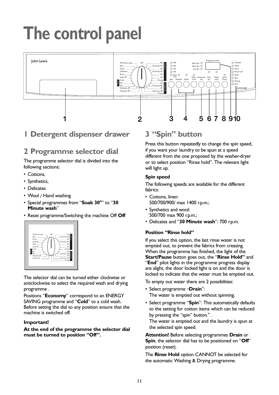 The control panel, 3 “spin” button | John Lewis JLWD 1408 User Manual | Page 11 / 31