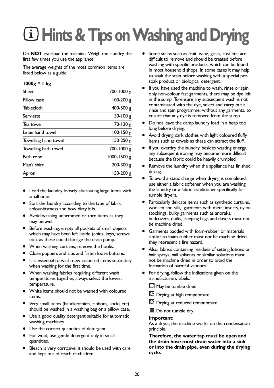 Hints & tips on washing and drying | John Lewis JLWD 1408 User Manual | Page 20 / 31