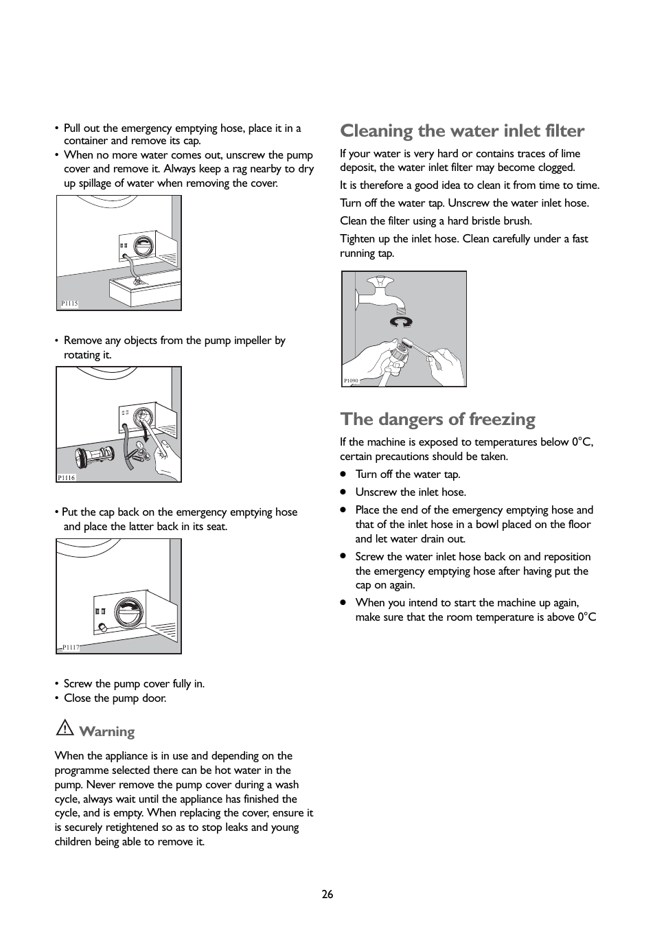 Cleaning the water inlet filter, The dangers of freezing, Warning | John Lewis JLWD 1408 User Manual | Page 26 / 31