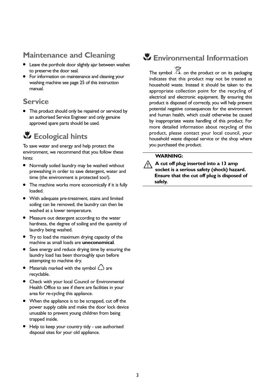 Maintenance and cleaning, Service, Ecological hints | Environmental information | John Lewis JLWD 1408 User Manual | Page 3 / 31