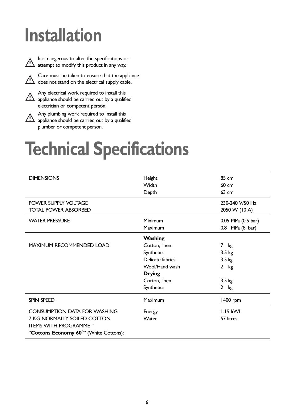 Installation, Technical specifications | John Lewis JLWD 1408 User Manual | Page 6 / 31