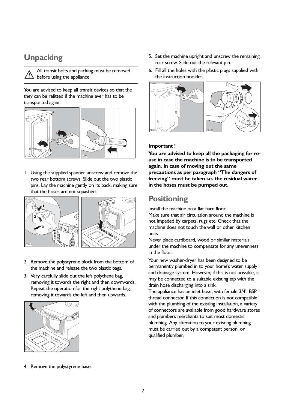 Unpacking, Positioning | John Lewis JLWD 1408 User Manual | Page 7 / 31